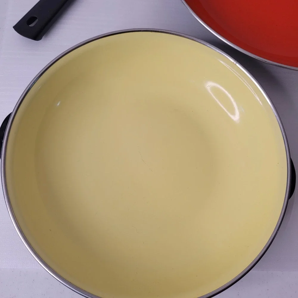 Vintage Enamelware Skillet Set 3pc Multi Color Yugoslavia Nesting Pans Handle